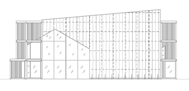 集装箱建筑：Dunraven 集装箱体育馆的侧立面图