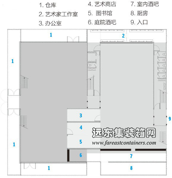 集装箱建筑： Gwanju 集装箱艺术馆一层平面图