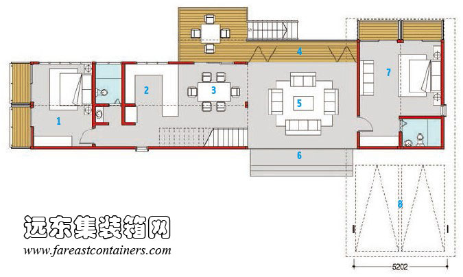 集装箱住宅： Upcycled 集装箱度假屋一层平面图