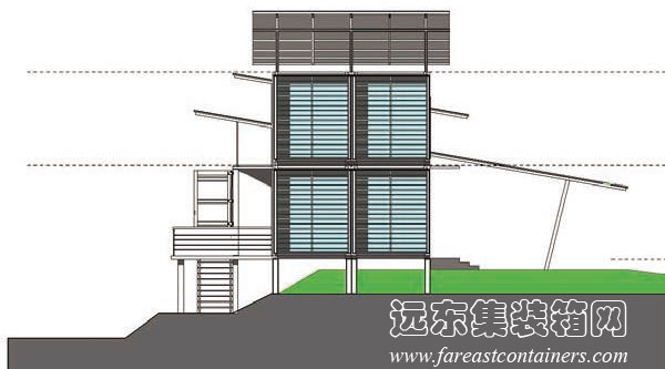 集装箱住宅： Upcycled 集装箱度假屋侧立面图