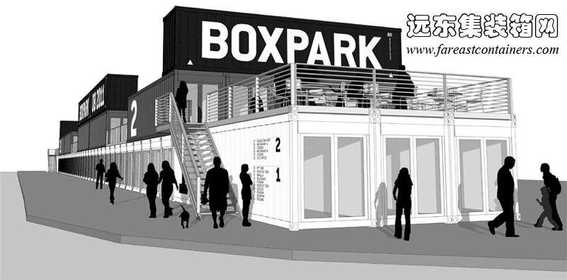 BOXPARK shoreditch 盒子公园集装箱购物中心的外观效果图