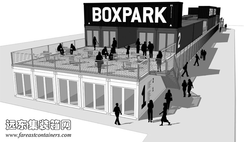 BOXPARK shoreditch 盒子公园集装箱购物中心的外观效果图